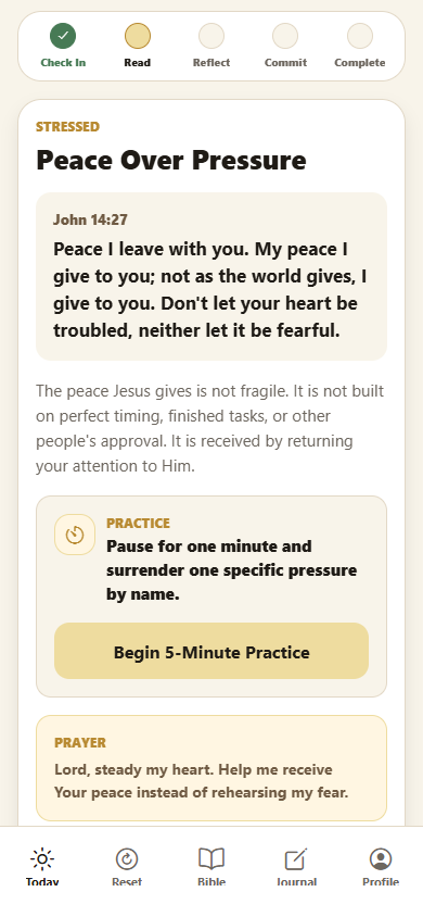 Revela reading screen with Scripture, reflection, prayer, and practice