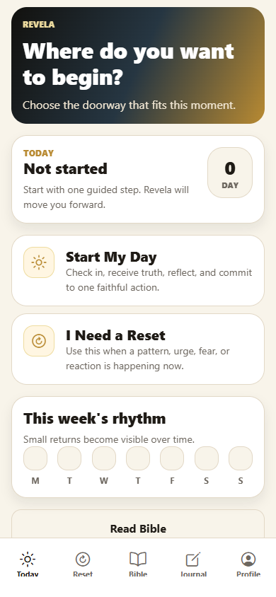 Revela Today screen showing the start of a guided daily rhythm